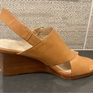 Cole Haan Tan wedges with buckle (gold) super flattering on foot!